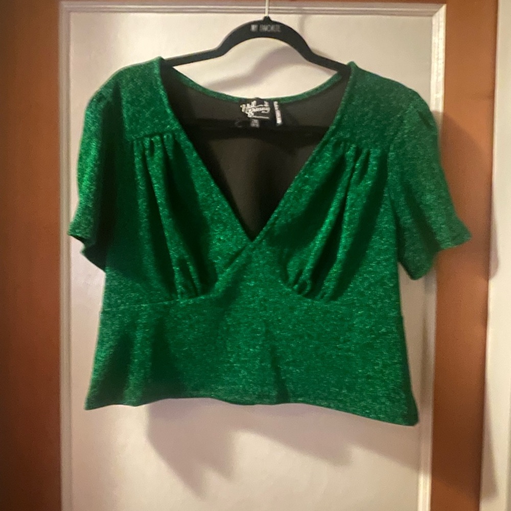Hell Bunny + Emerald Green Lurex Flutter Sleeve Cropped Blouse